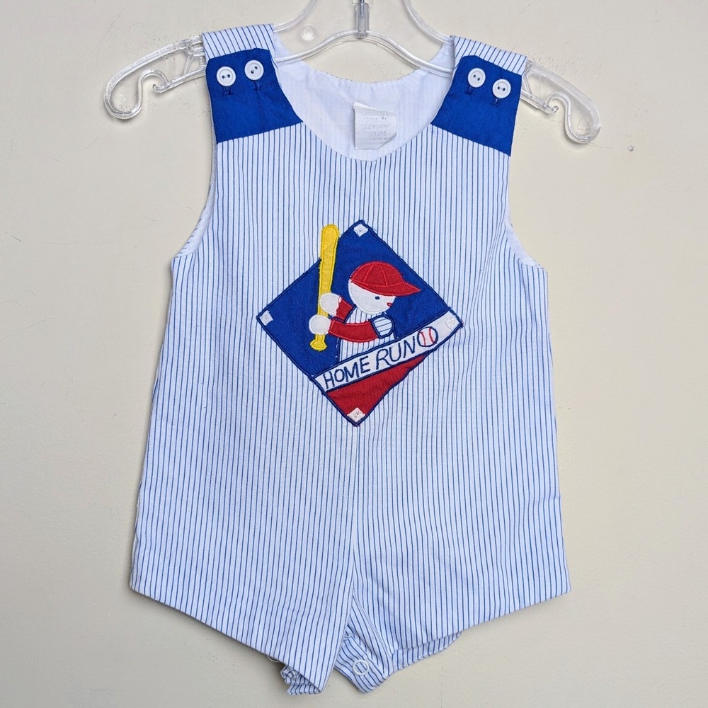 Vintage Boys Baseball Home Run Romper Jumpsuit 90s Shorts One Piece 12 Months